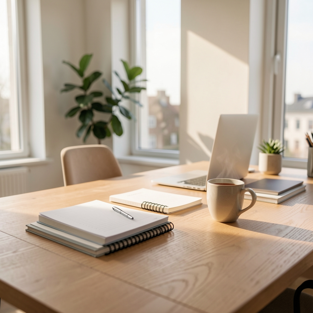 Helles modernes Büro mit Schreibtisch, Notizbüchern und einer Tasse Kräutertee, sonniges Ambiente