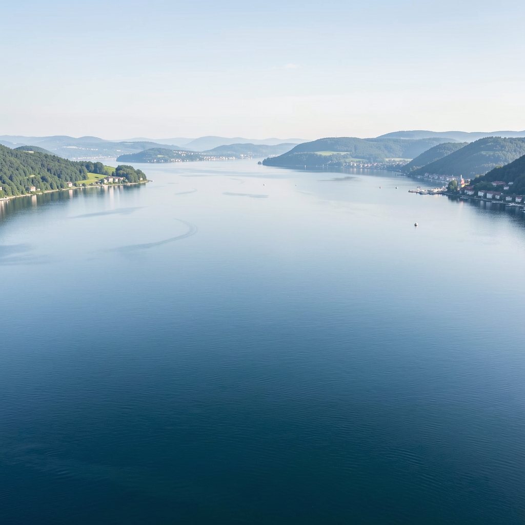 Blick über den Zürichsee an einem klaren Morgen, ruhige Wasseroberfläche und grüne Ufer im Hintergrund