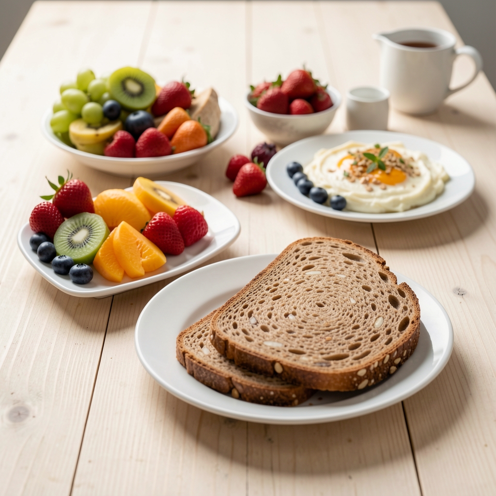 Frisch zubereitetes ausgewogenes Frühstück mit Obst, Vollkornbrot und einem Glas Wasser auf einem hellen Holztisch