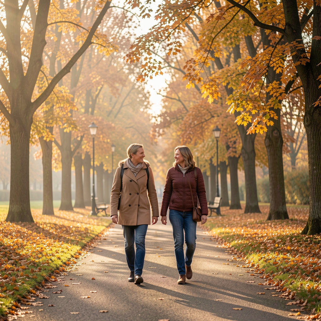 Zwei Personen beim gemeinsamen Morgenspaziergang auf einem Weg im Park, umgeben von Herbstbäumen und weichem Morgenlicht